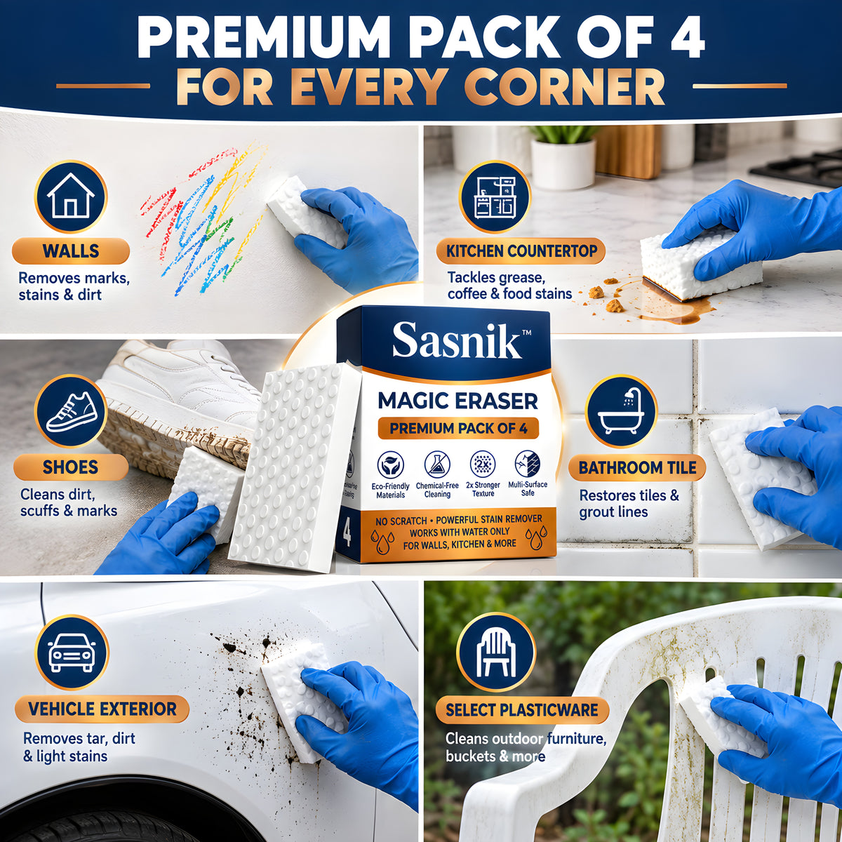 SASNIK™ Magic Eraser Sponge | Premium Pack of 4