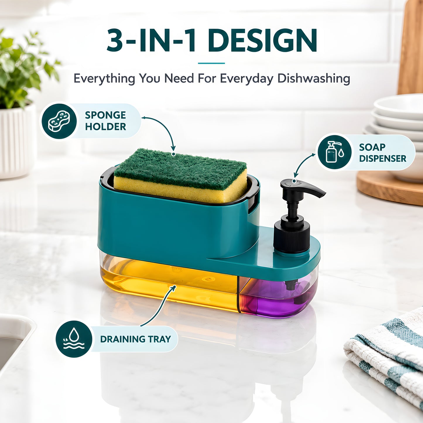 3-in-1 Smart Dish Soap Dispenser with Sponge Holder